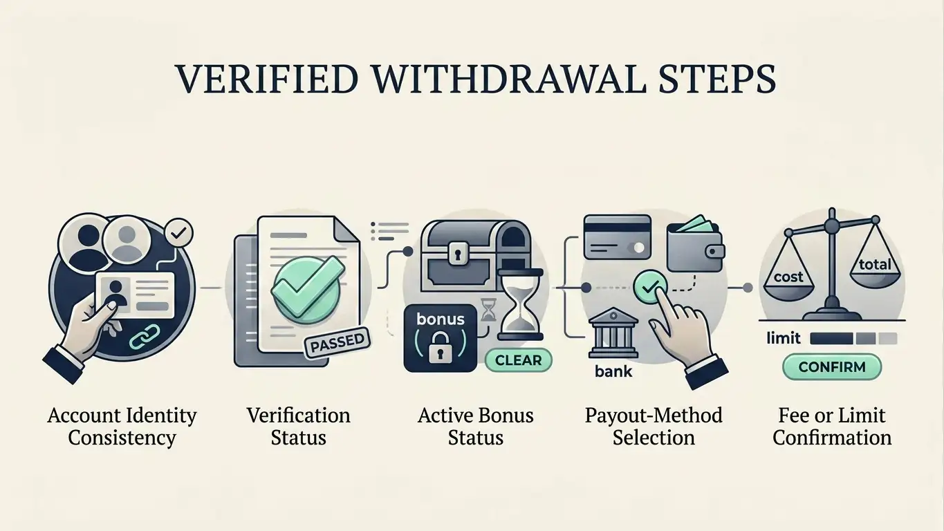 Editorial withdrawal checklist showing account verification, bonus status, payout method and fee or limit checks