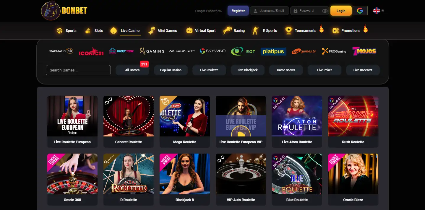 Current Donbet live casino lobby showing dealer-table navigation