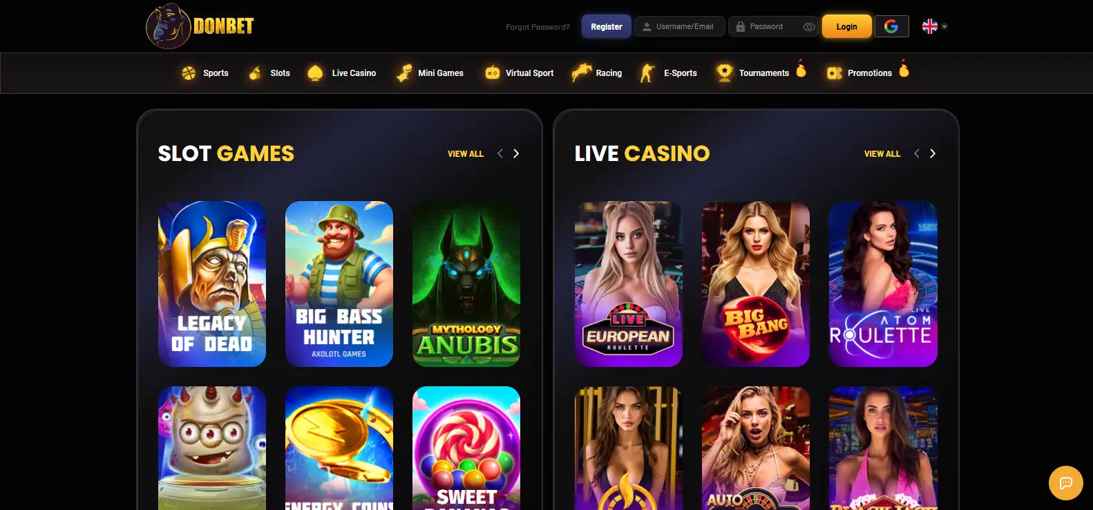 Current Donbet homepage and live casino product context